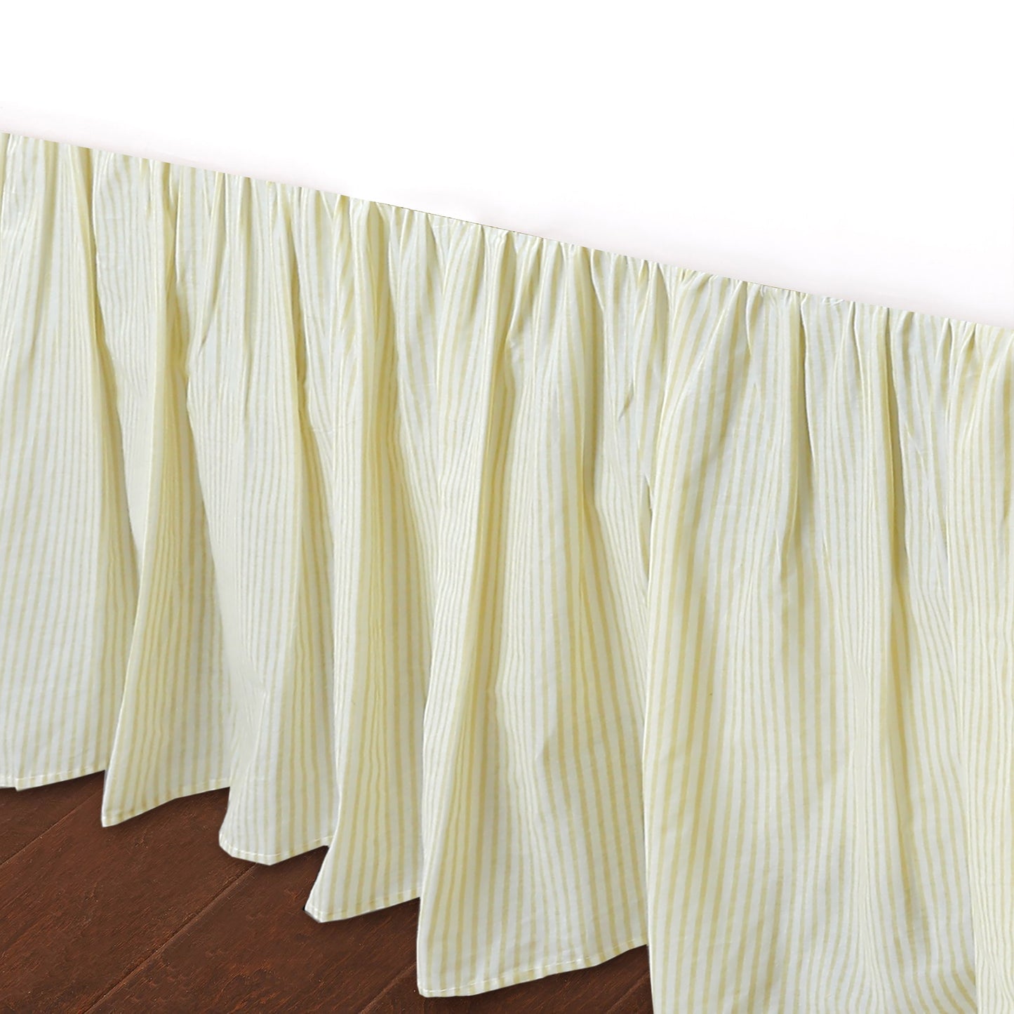 Tailored Bed Skirt Farmhouse Ticking Cream Golden & Yellow Caramel Cotton Striped Ruffled Dust Ruffle, 16" Drop