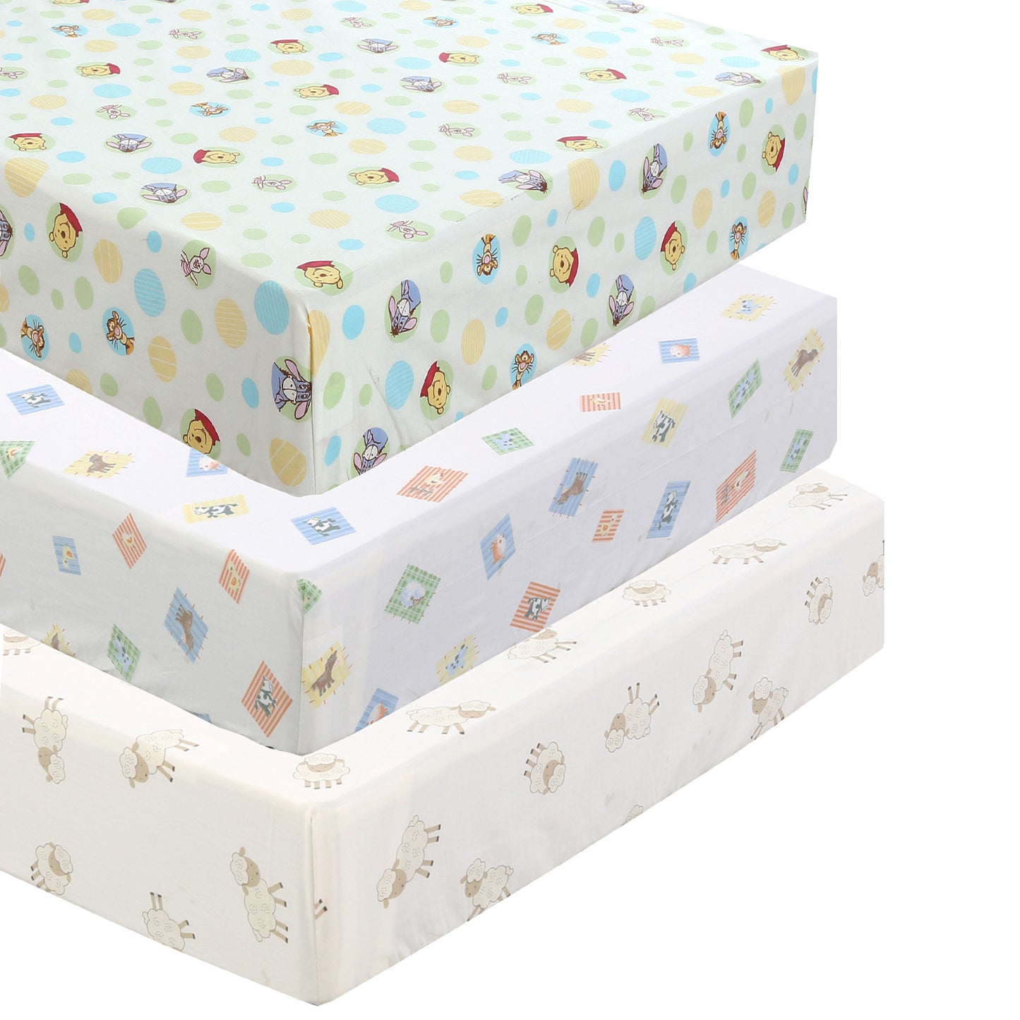 3 Piece Crib/Toddler Cotton Fitted Sheets ColorfulPooh Bear & Farm Animal Friends