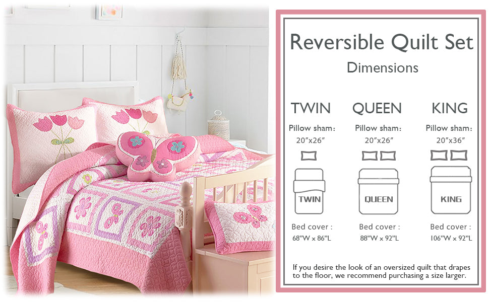 Butterfly Flower Pink Print Patchwork Twin Cotton Reversible Quilt Bedding Set