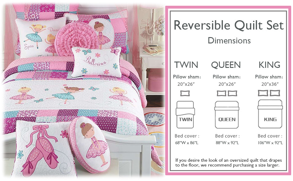 Ballerina Girl Pink Floral Dot Print Patchwork Cotton Reversible Quilt Bedding Set