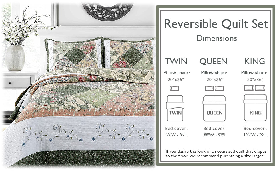 Grace Forest Green Real Patchwork Embroidered Scalloped Edge 3-Piece Cotton Reversible Quilt Bedding Set