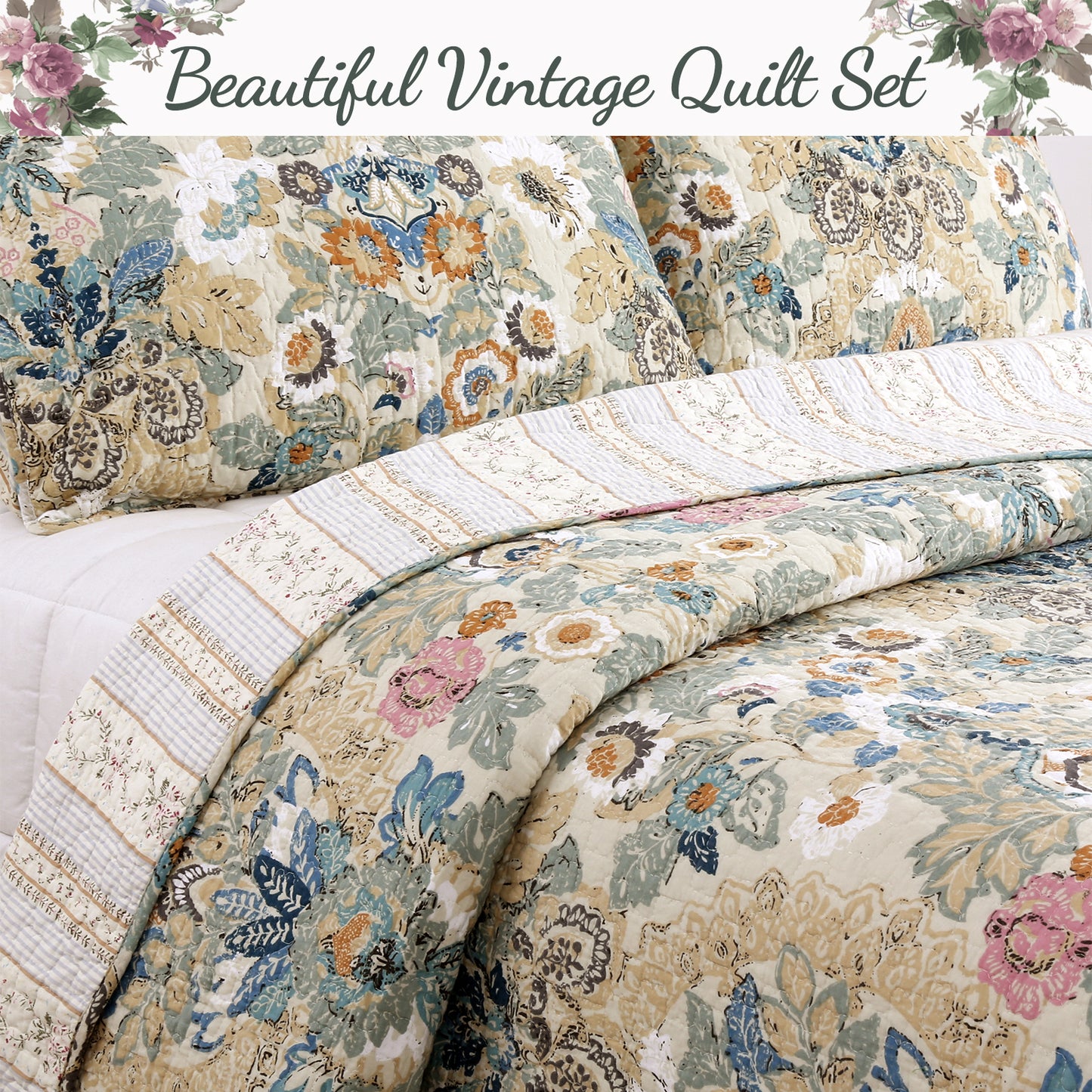 Pylle Hill Floral Cotton 3-Piece Reversible Quilt Bedding Set