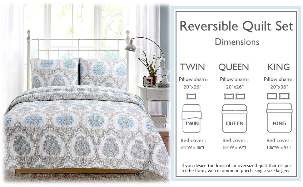 Blue Floral Medallion Cotton 3-Piece Reversible Quilt Bedding Set