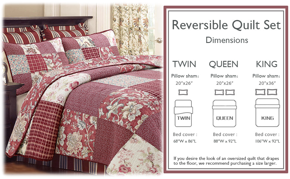 Stockwood Red Real Patchwork 3-Piece Cotton Reversible Quilt Bedding Set
