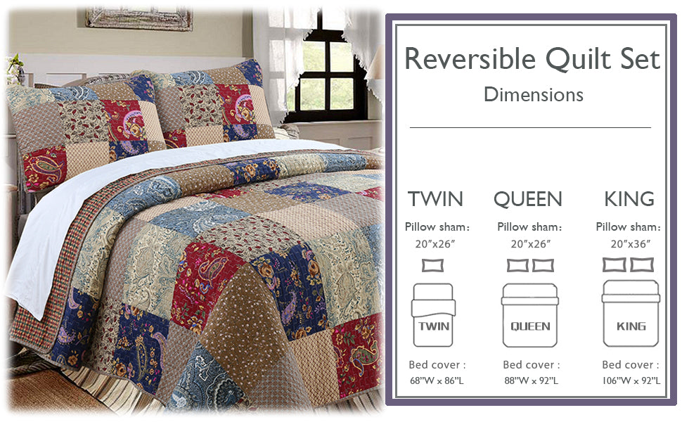 Hyler Sanders Floral Paisley Real Patchwork 3-Piece Cotton Reversible Quilt Bedding Set