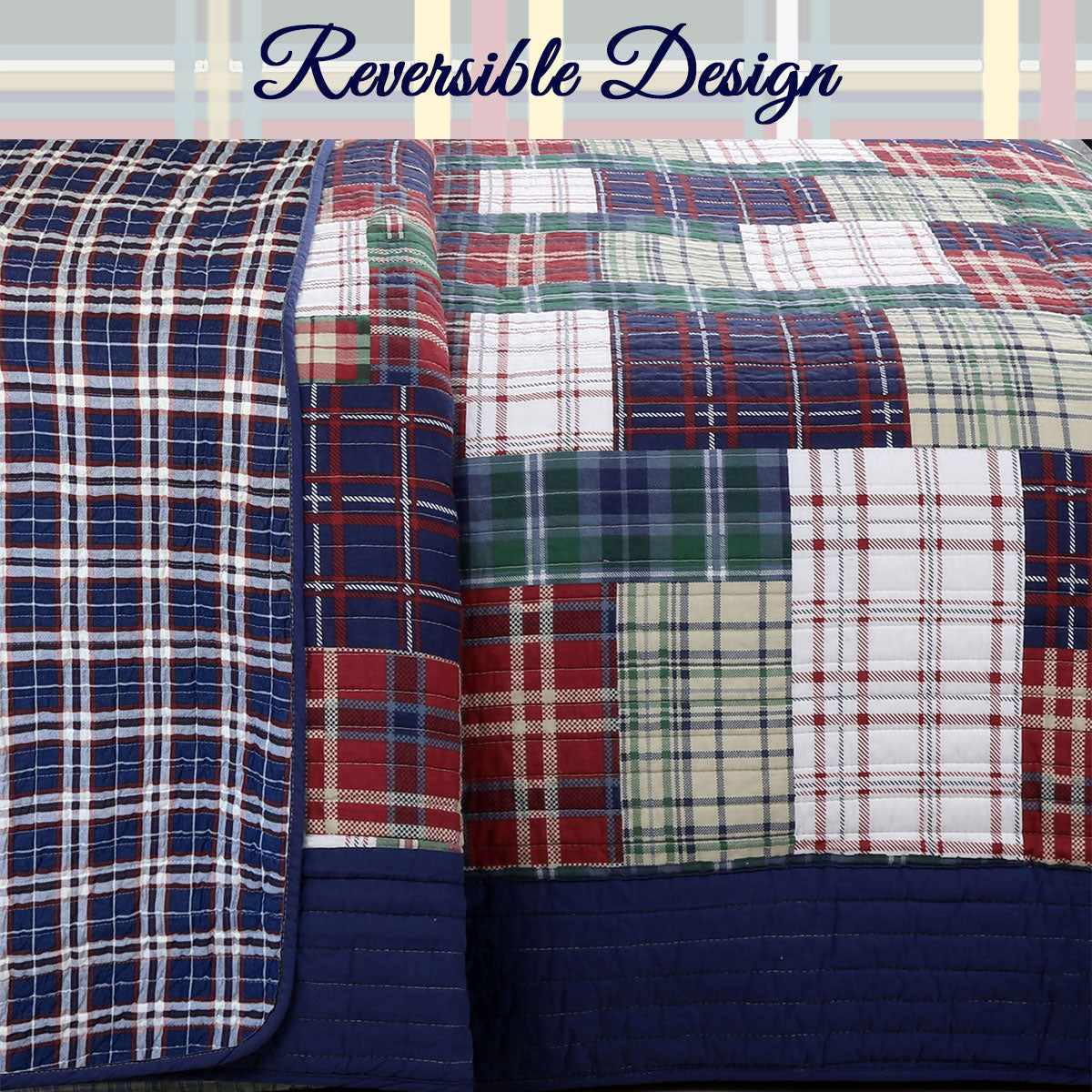 Hepler Plaid Print Patchwork Cotton Reversible Quilt Bedding Set