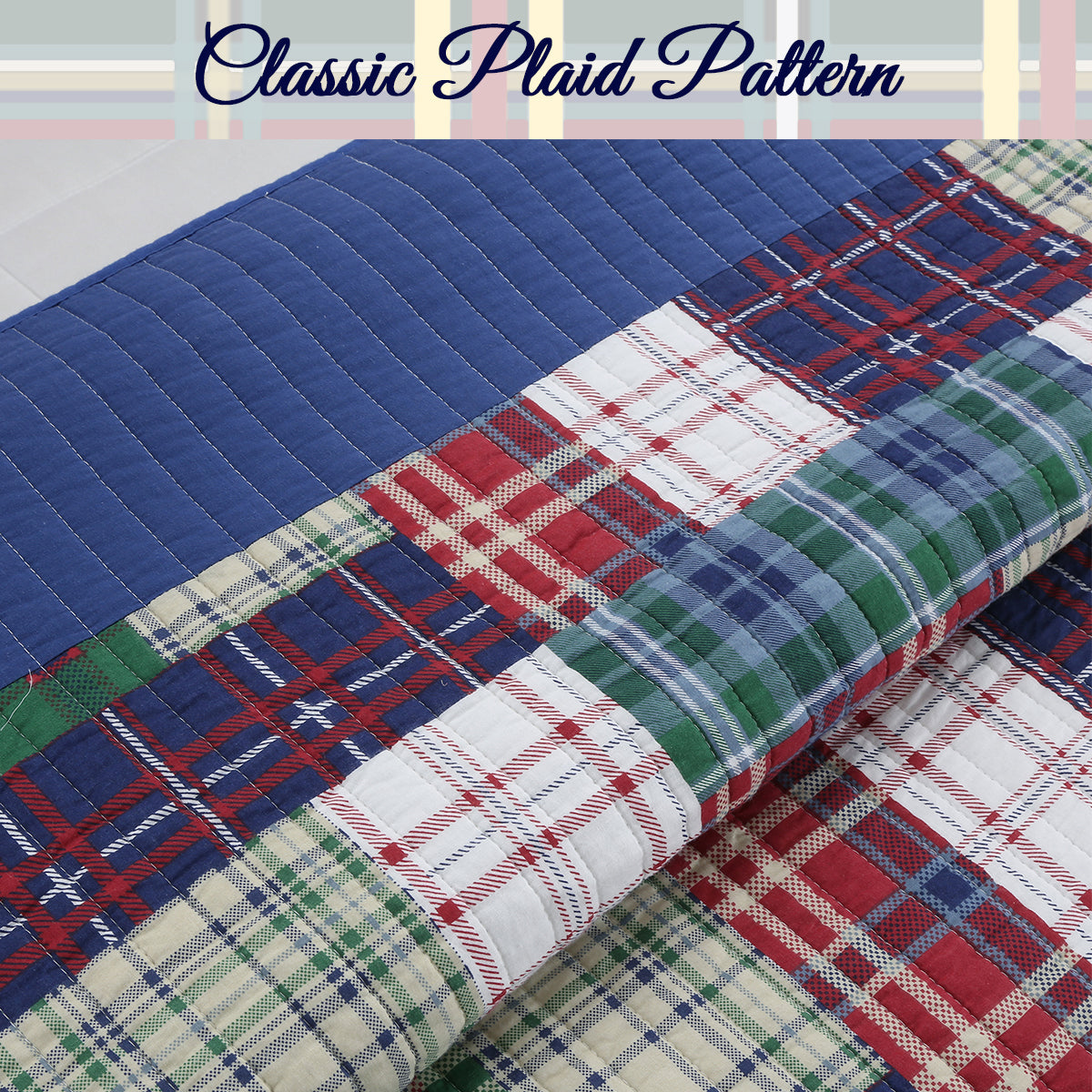 Hepler Plaid Print Patchwork Cotton Reversible Quilt Bedding Set