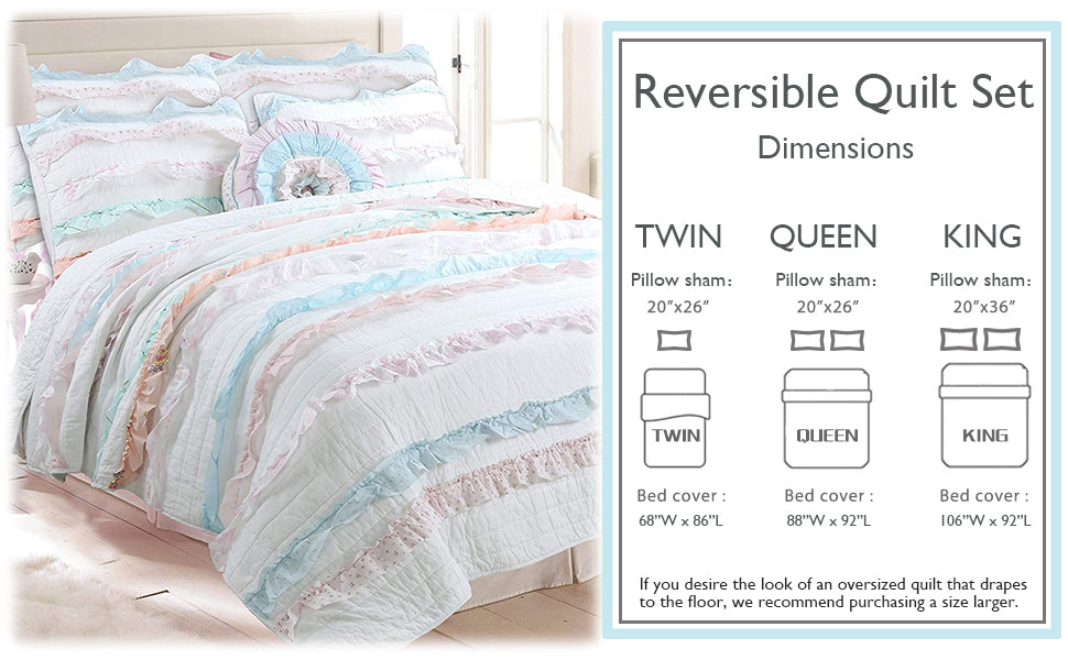 Devers Ruffles White Pink Blue Cotton Reversible Quilt Bedding Set