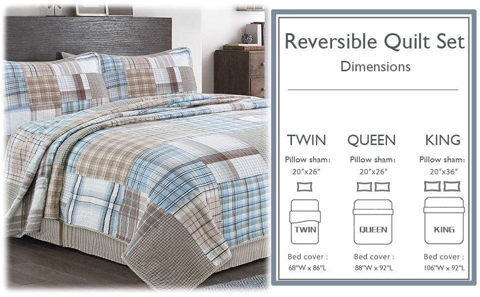 Hank Real Patchwork Blue 3-piece Cotton Reversible Quilt Bedding Set