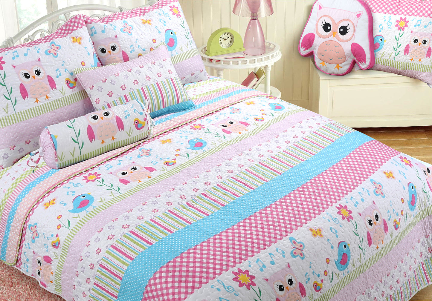 Home Sweet Pink Owl Print Stripe Girl Reversible Quilt Bedding Set