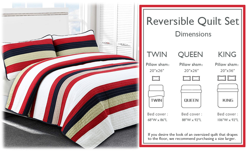 Rugby Red Striped Cotton Reversible Quilt Bedding Set