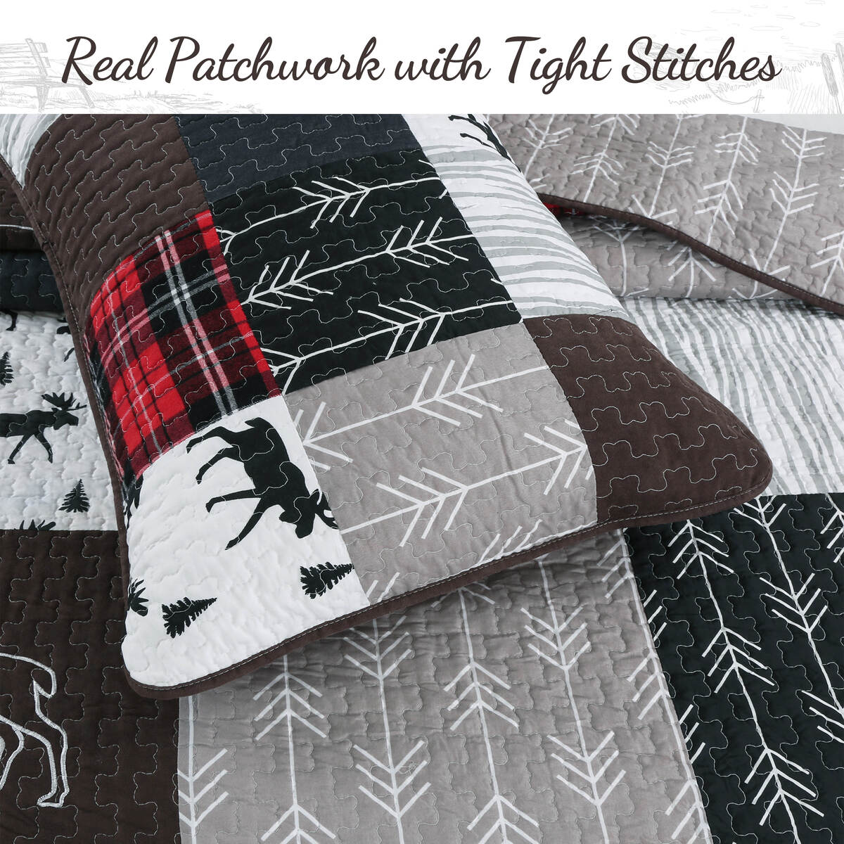 Moose Lodge Rustic Cabin Black Real Patchwork Reversible Quilt Bedding Set