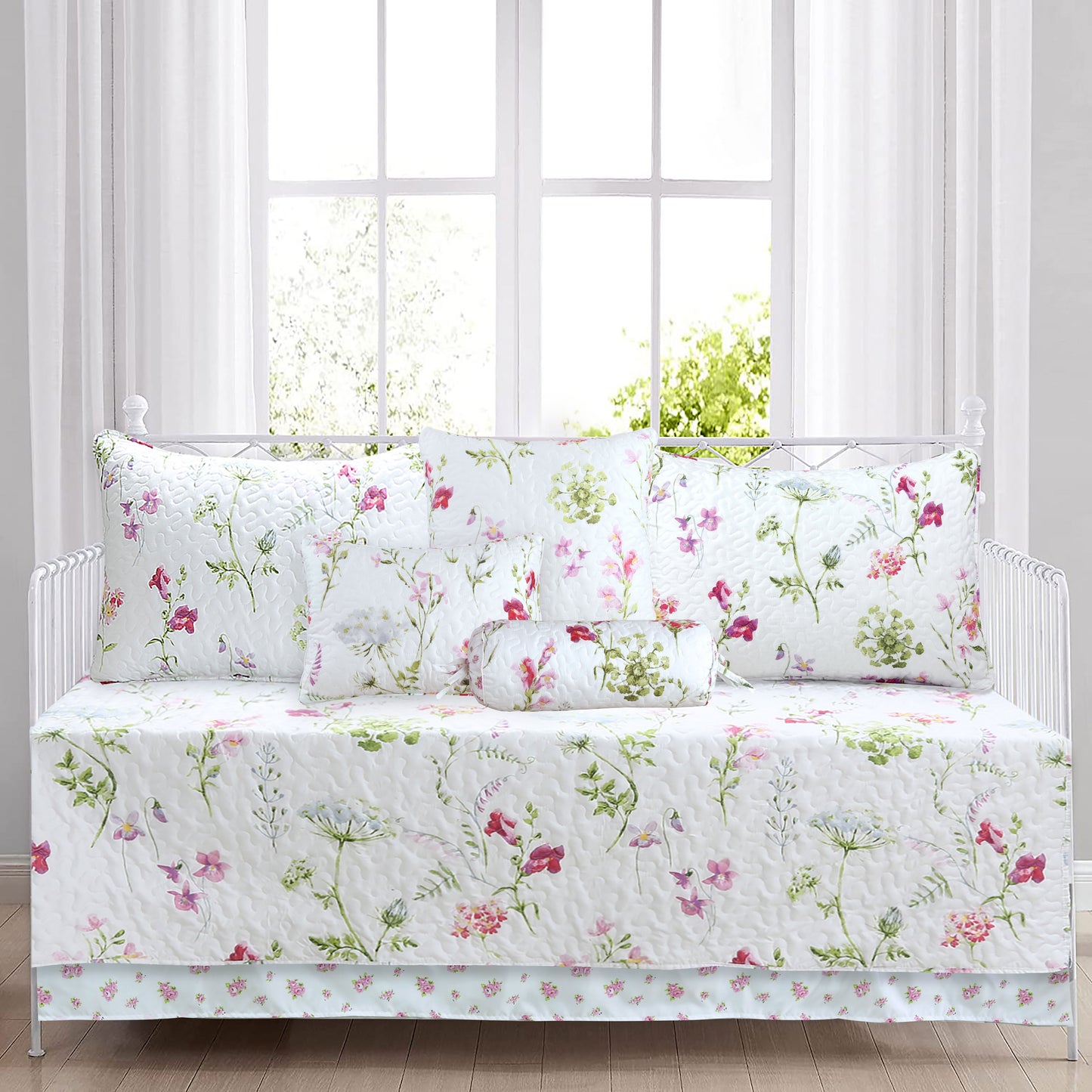 Carlotta Light Pink Blue Floral Print Microfiber Reversible DayBed Quilted Bedding Set