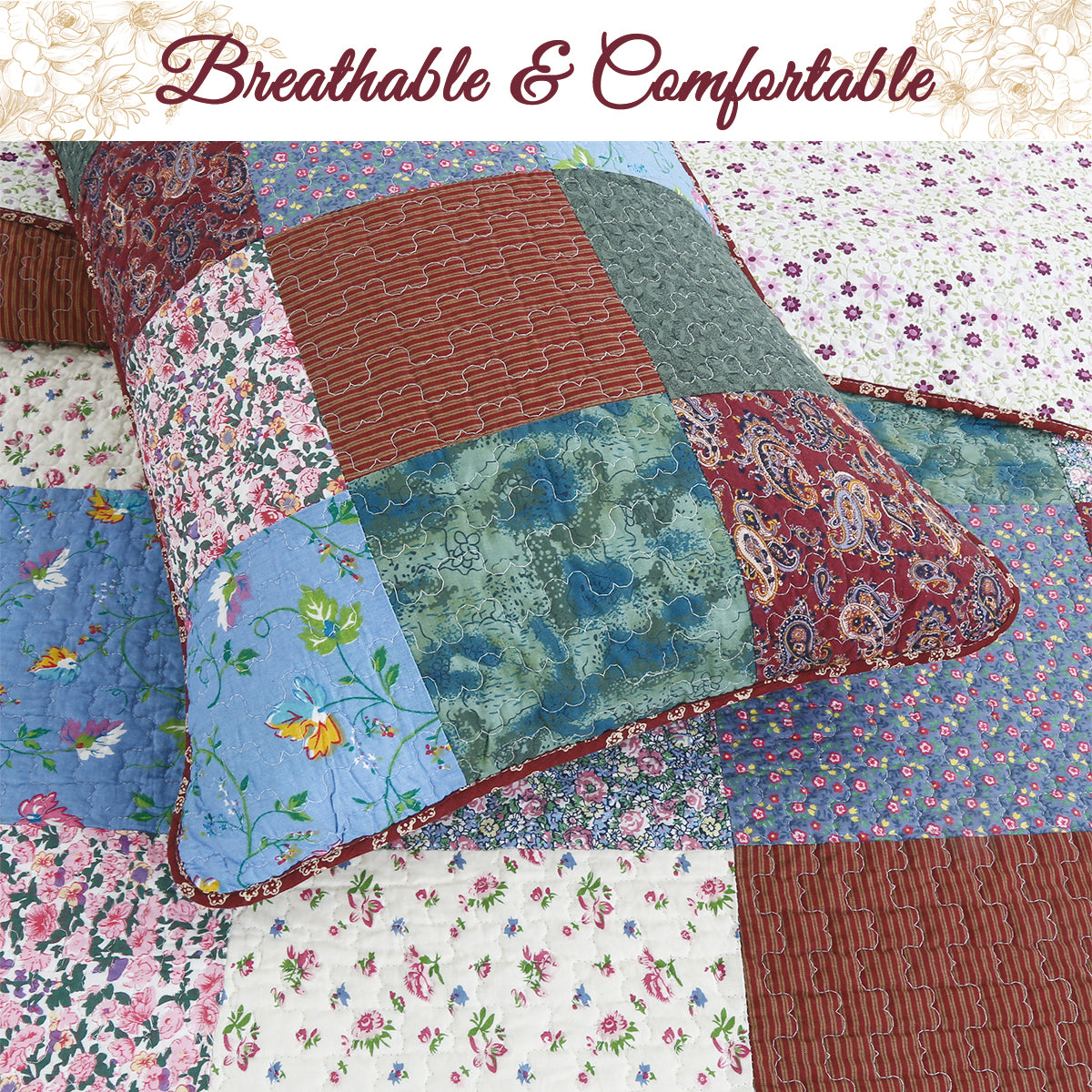 Harvest Vintage Floral Paisley Real Patchwork 3-Piece Cotton Reversible Quilt Bedding Set
