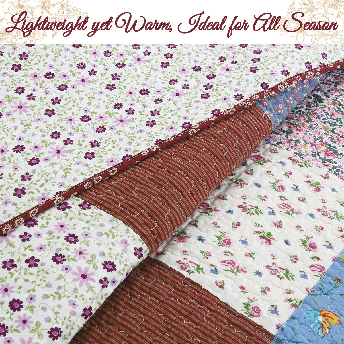 Harvest Vintage Floral Paisley Real Patchwork 3-Piece Cotton Reversible Quilt Bedding Set