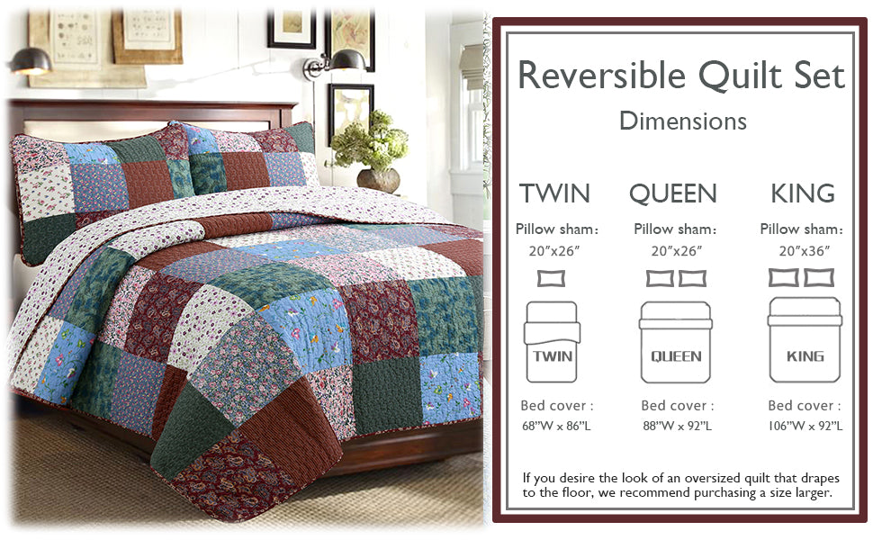 Harvest Vintage Floral Paisley Real Patchwork 3-Piece Cotton Reversible Quilt Bedding Set