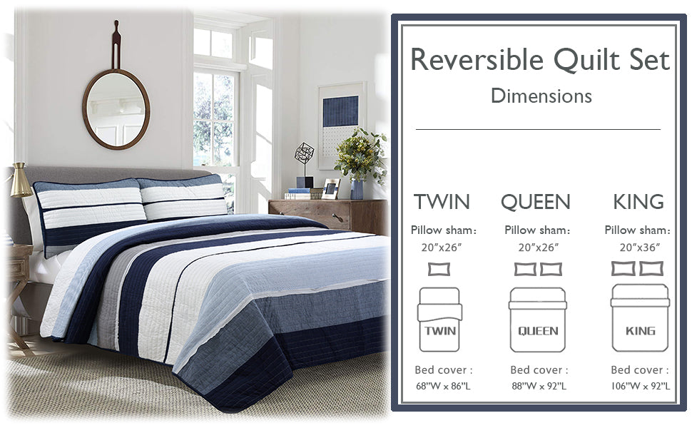 Tranquil Blue Gray Stripe Real Patchwork Cotton Reversible Quilt Bedding Set