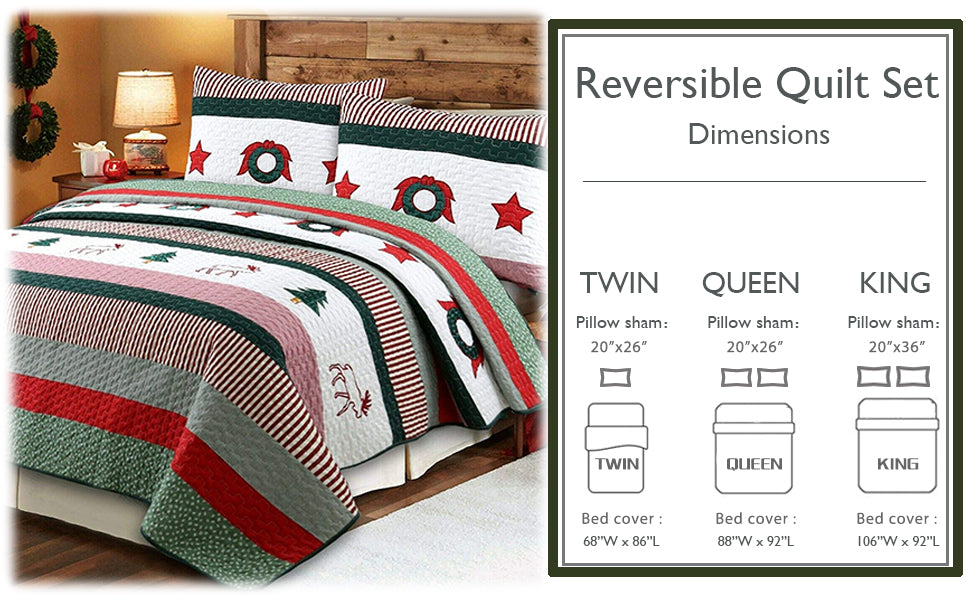 Christmas Season Wreath 3-Piece Reversible Quilt Bedding Set
