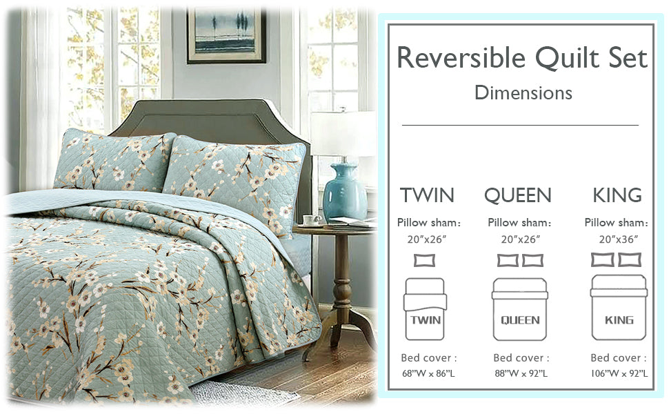 Cream Cherry Blossom Floral Cyan Blue Green 3-Piece Reversible Quilt Bedding Set