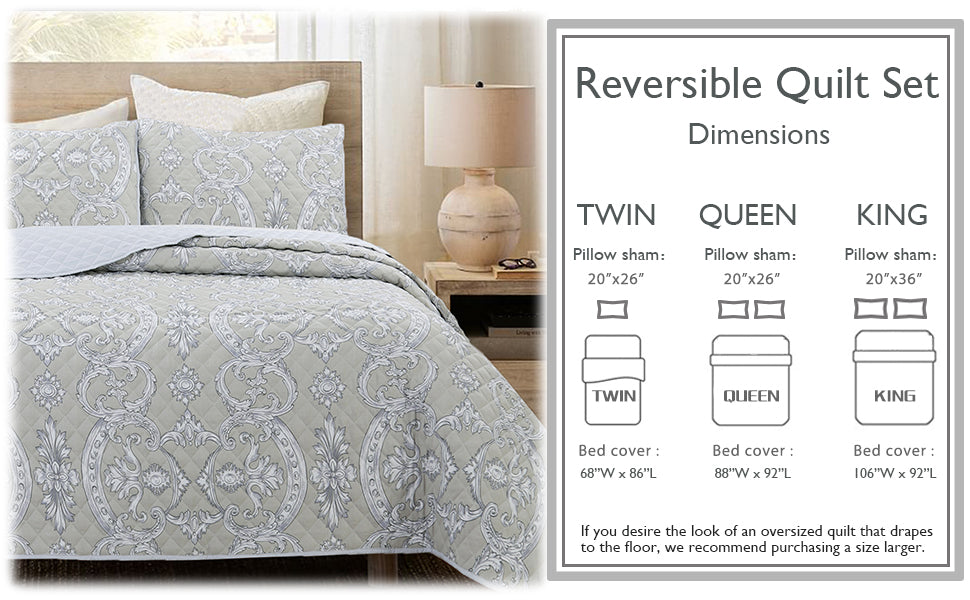 Gray Taupe Floral Majesty Medallion 3-Piece Reversible Quilt Bedding Set