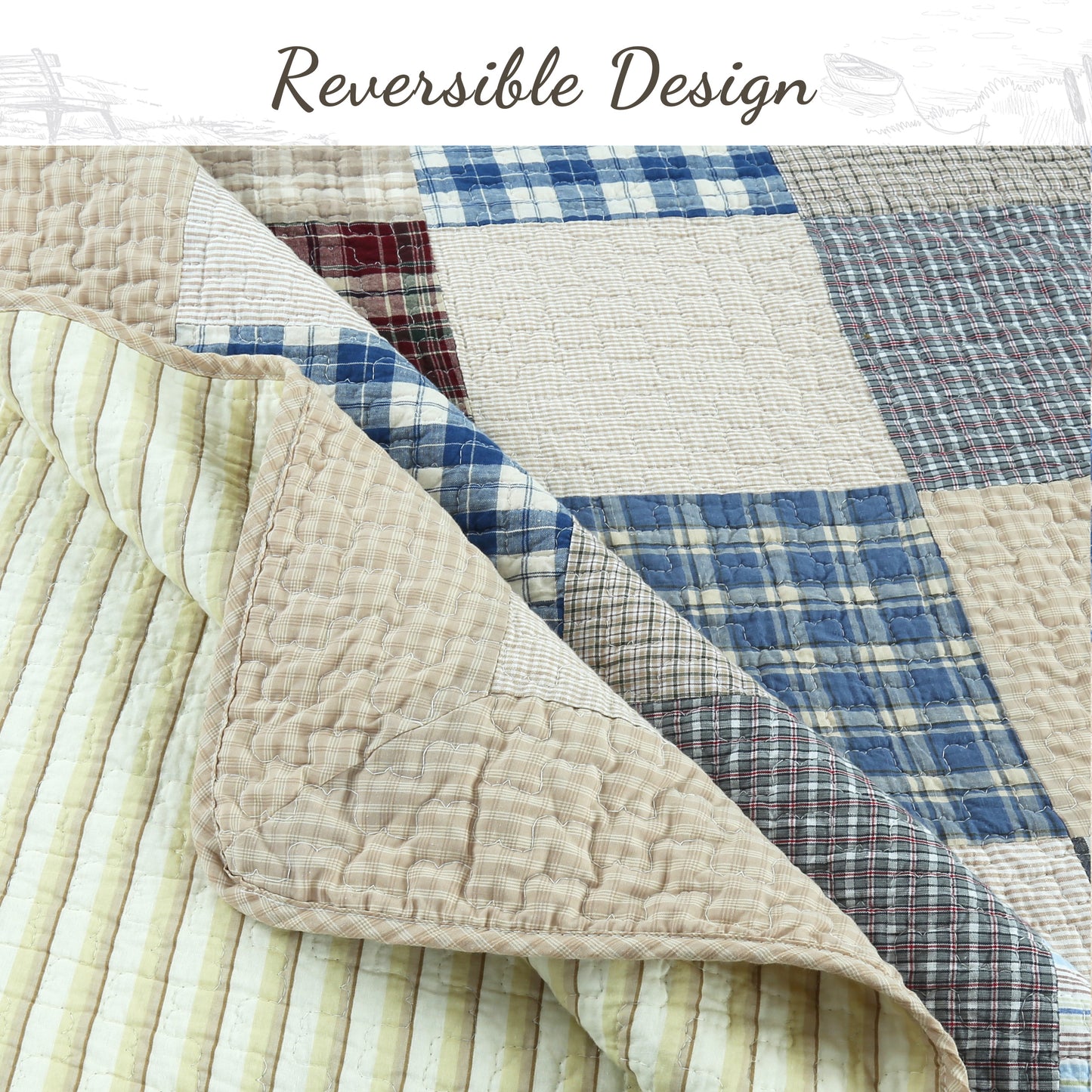 Tattersall Blue Tan Tartan Plaid Real Patchwork 3-Piece Reversible Quilt Bedding Set