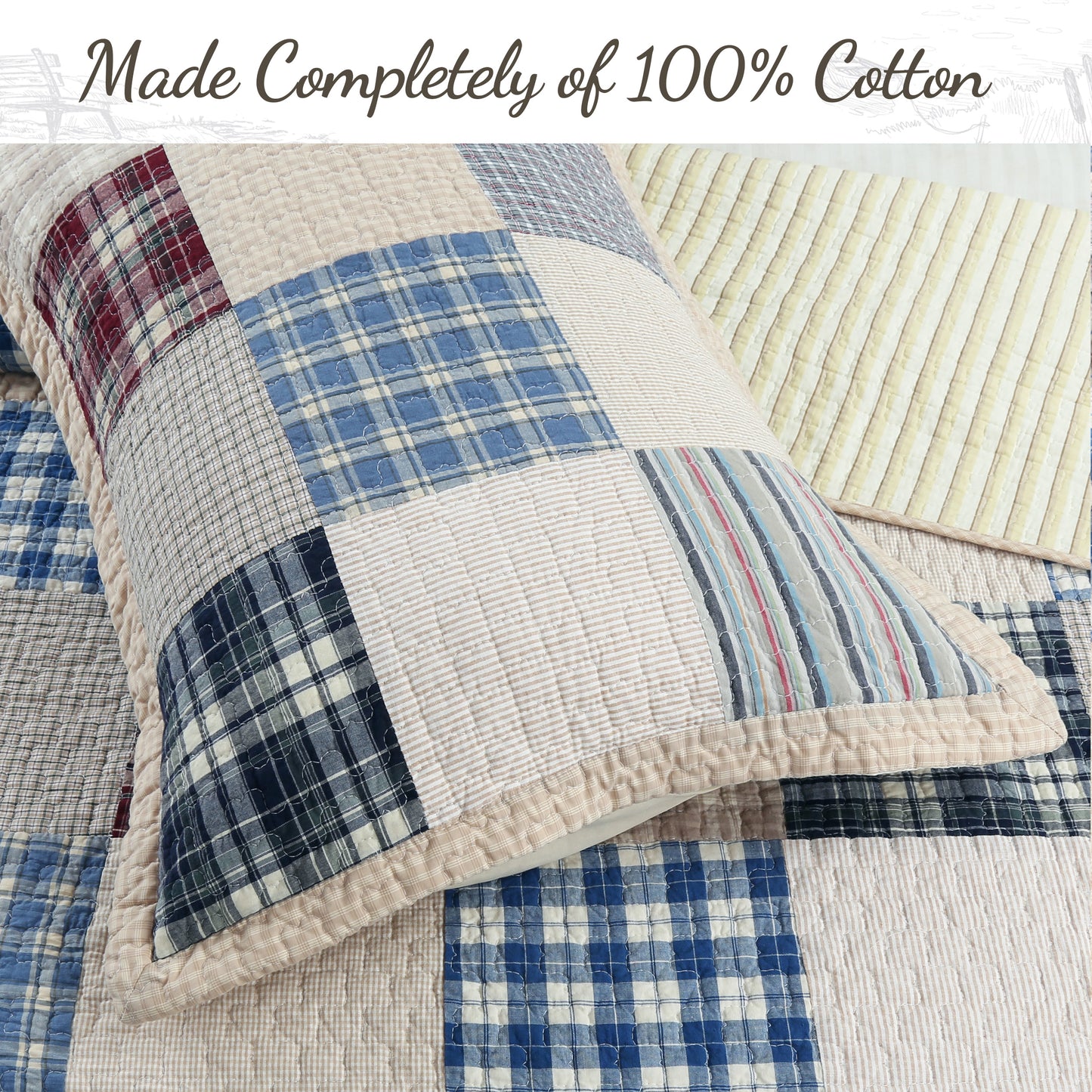 Tattersall Blue Tan Tartan Plaid Real Patchwork 3-Piece Reversible Quilt Bedding Set