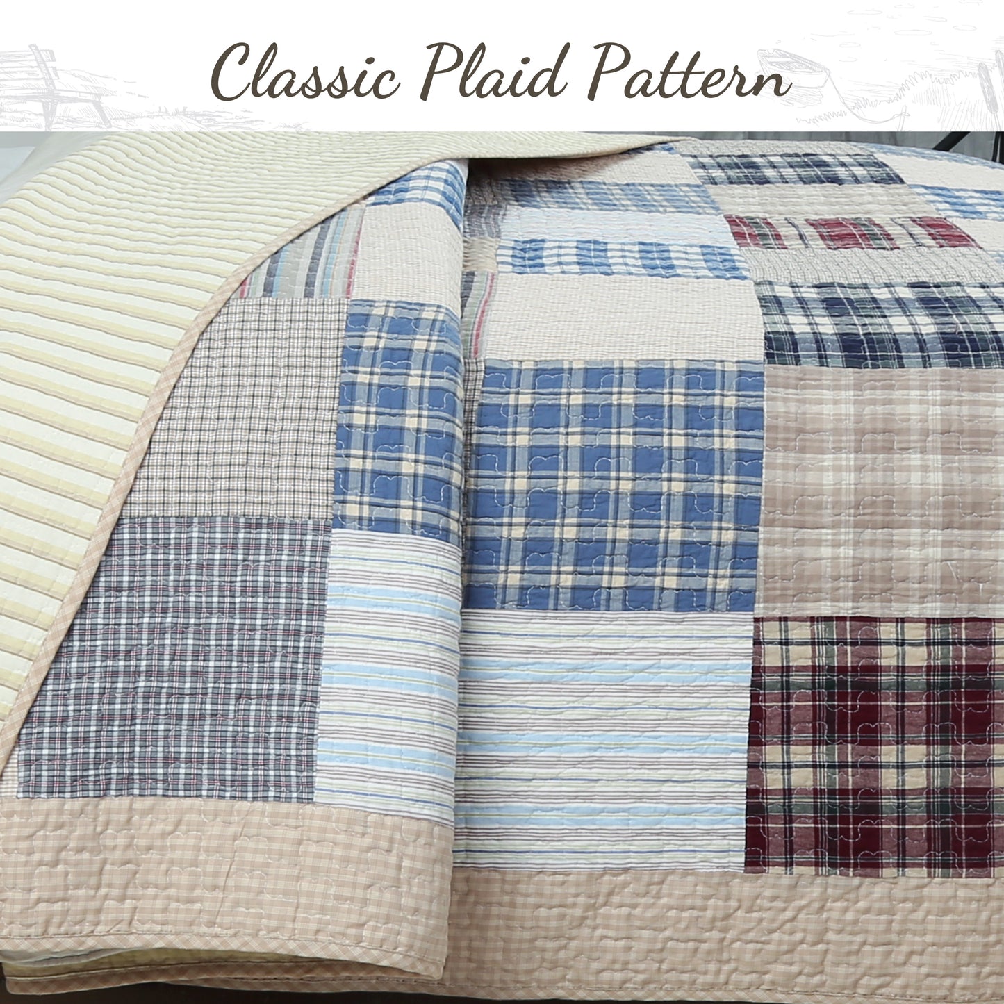 Tattersall Blue Tan Tartan Plaid Real Patchwork 3-Piece Reversible Quilt Bedding Set