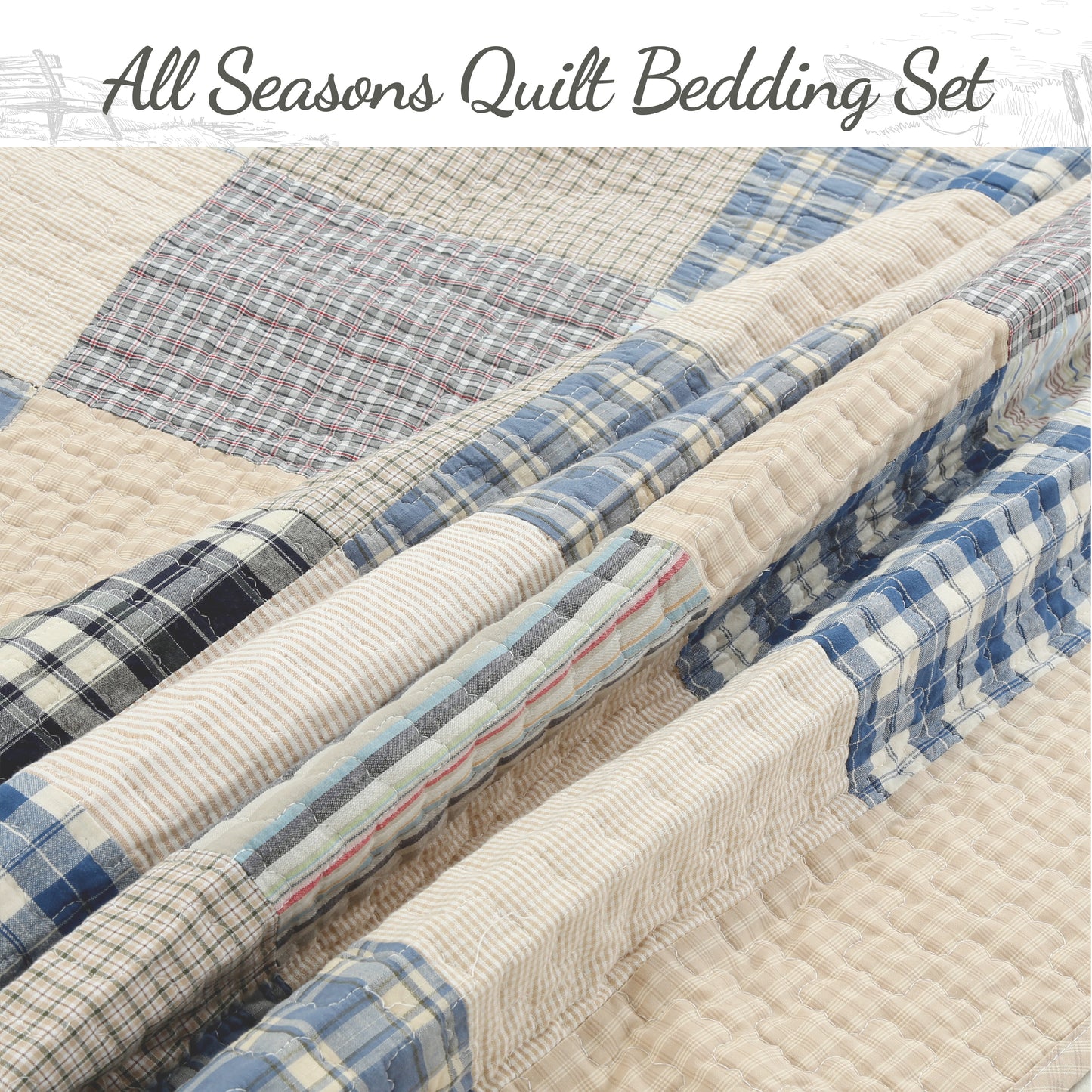 Tattersall Blue Tan Tartan Plaid Real Patchwork 3-Piece Reversible Quilt Bedding Set