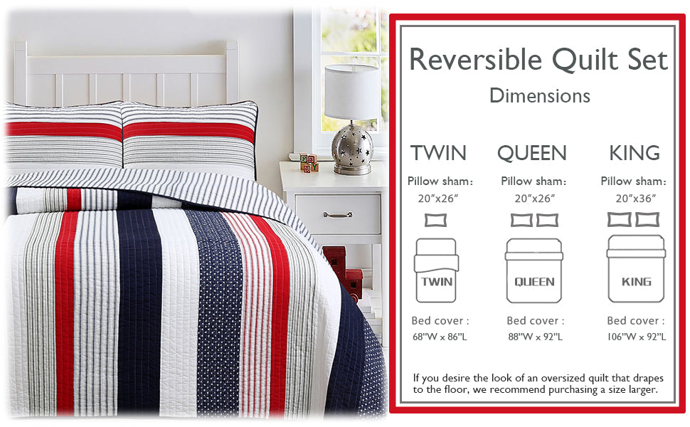 Liberty Patriotic Stripes Red Blue White Striped Real Patchwork Cotton Reversible Quilt Bedding Set