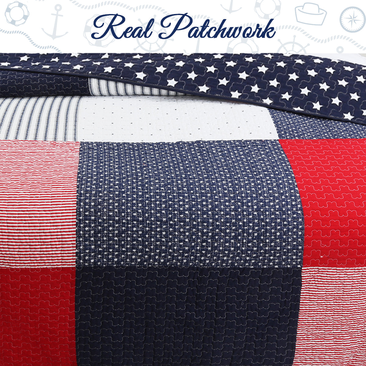 Patriotic Real Patchwork Plaid Red White Blue Cotton Reversible Quilt Bedding Set
