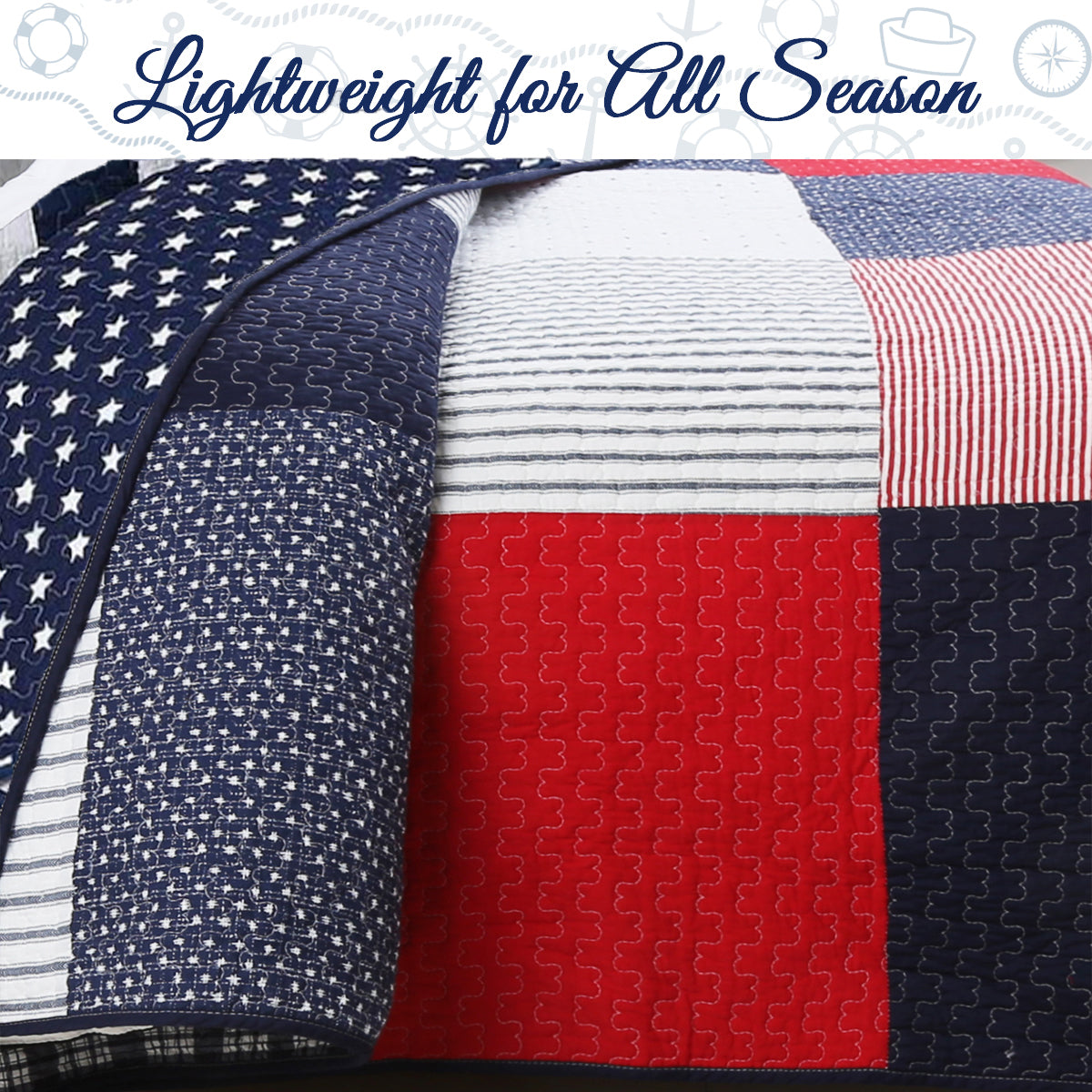 Patriotic Real Patchwork Plaid Red White Blue Cotton Reversible Quilt Bedding Set