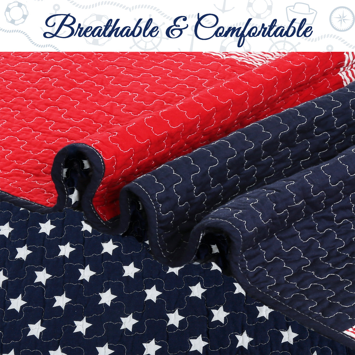 Patriotic Real Patchwork Plaid Red White Blue Cotton Reversible Quilt Bedding Set