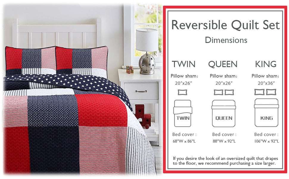 Patriotic Real Patchwork Plaid Red White Blue Cotton Reversible Quilt Bedding Set