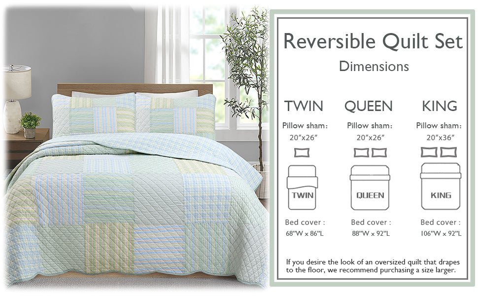 Square Real Patchwork Plaid Stripes Blue Green Scalloped 3-Piece Cotton Reversible Quilt Bedding Set