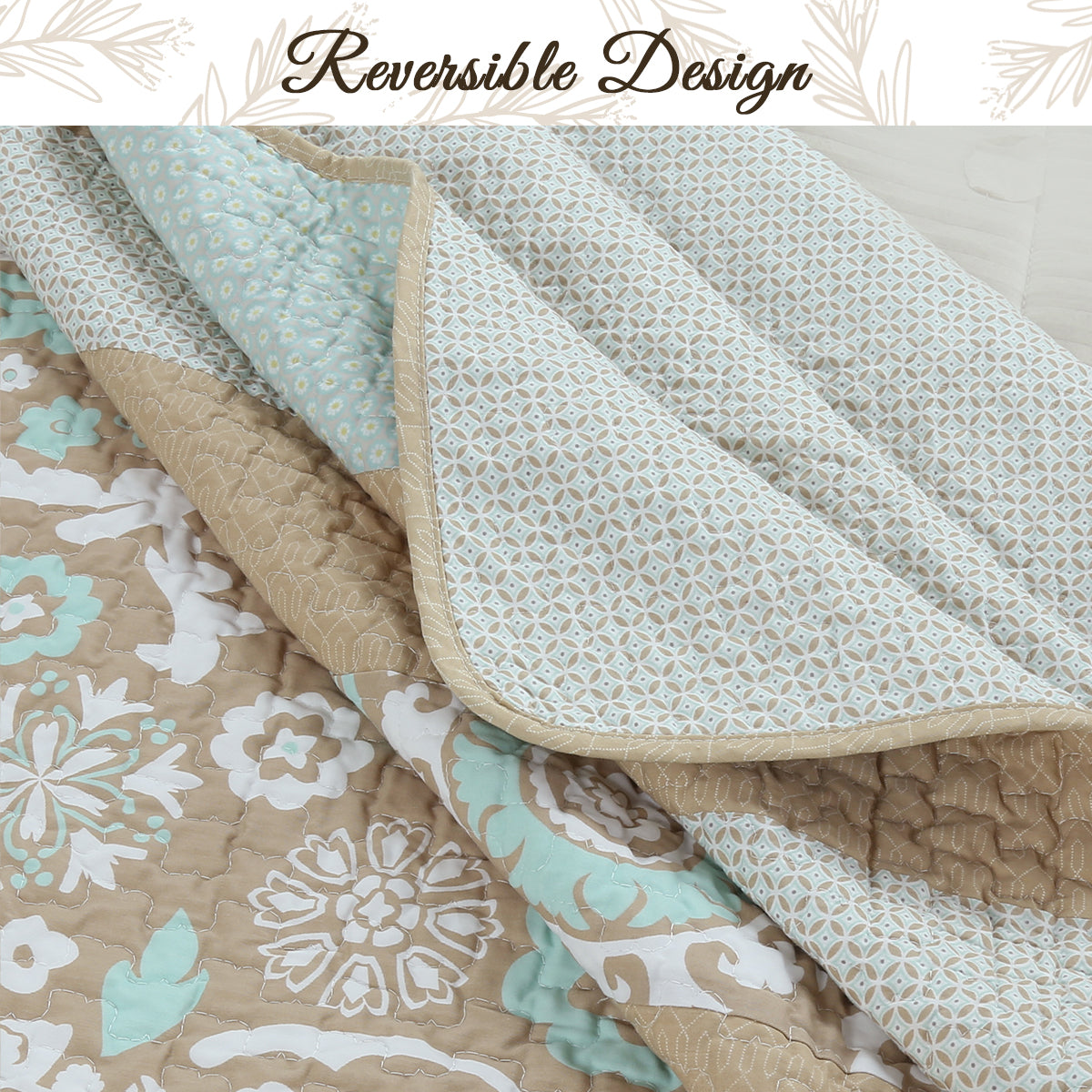 Floral Stripe Real Patchwork Ogee Tan Brown Mint Green Cotton 3 Piece Reversible Quilt Bedding Set