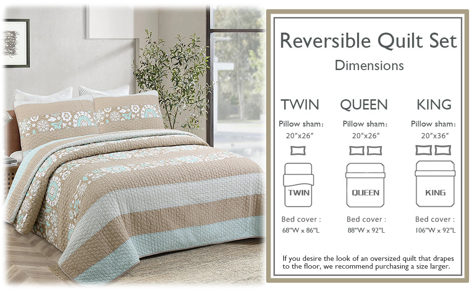 Floral Stripe Real Patchwork Ogee Tan Brown Mint Green Cotton 3 Piece Reversible Quilt Bedding Set