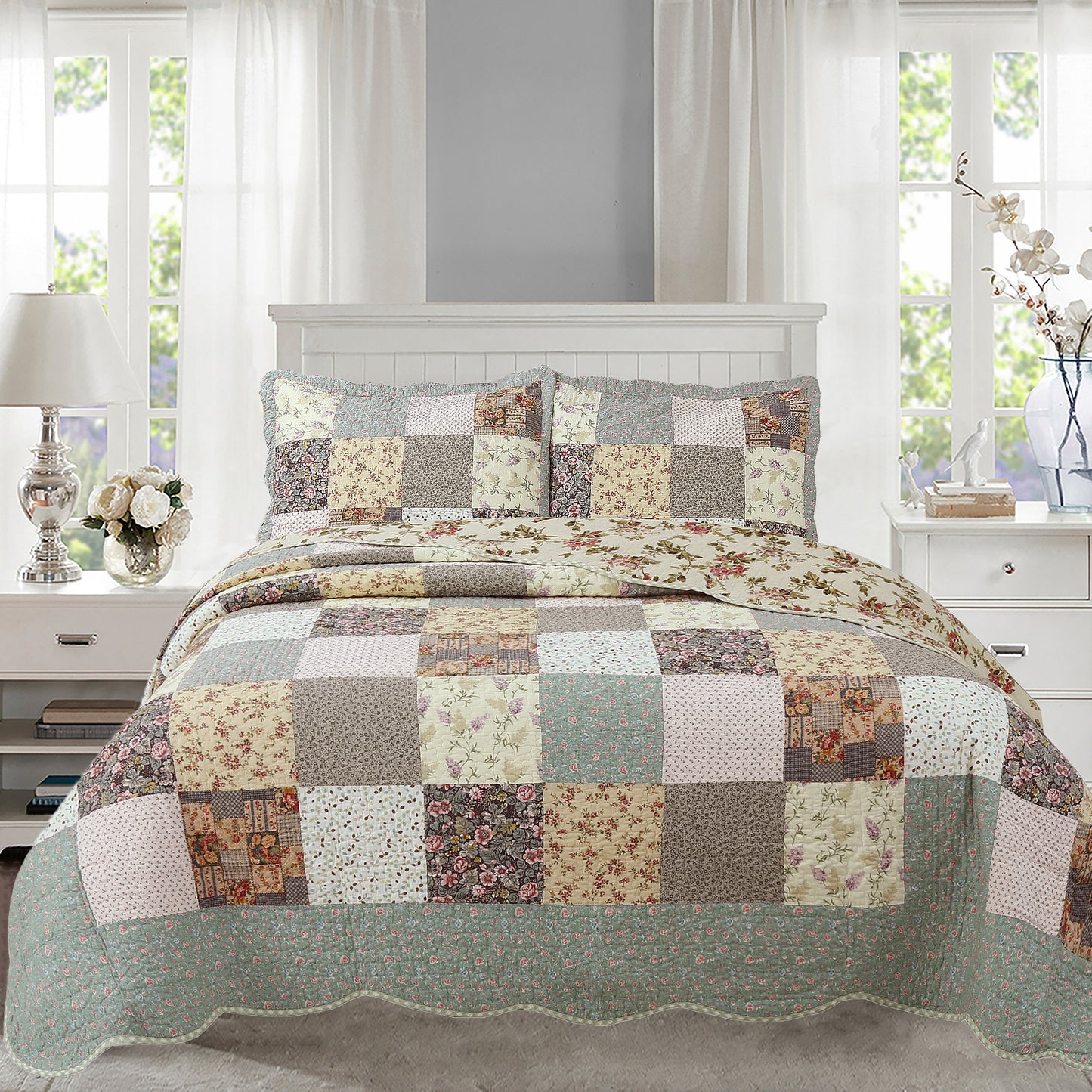 Country Floral Chic Scalloped Real Patchwork Cotton 3-Piece Quilt Bedding Set