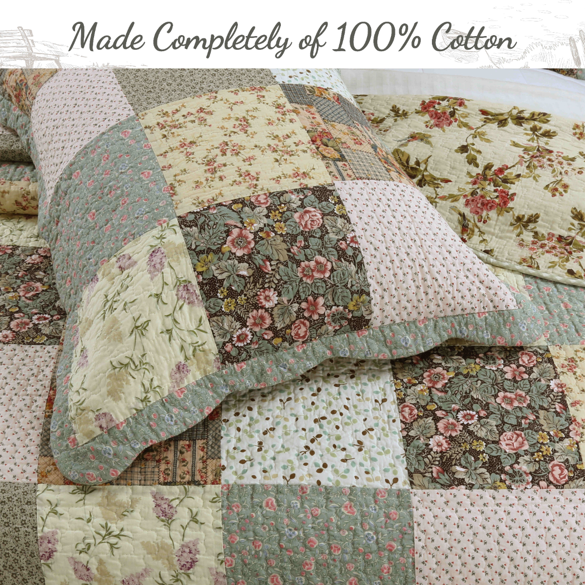 Country Floral Chic Scalloped Real Patchwork Cotton 3-Piece Quilt Bedding Set