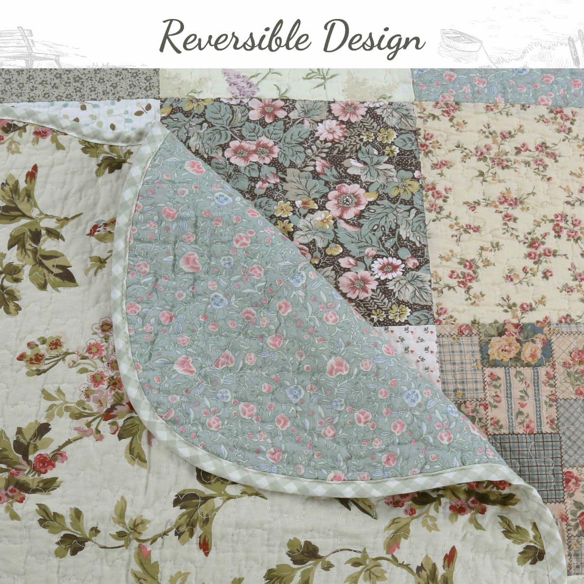 Country Floral Chic Scalloped Real Patchwork Cotton 3-Piece Quilt Bedding Set
