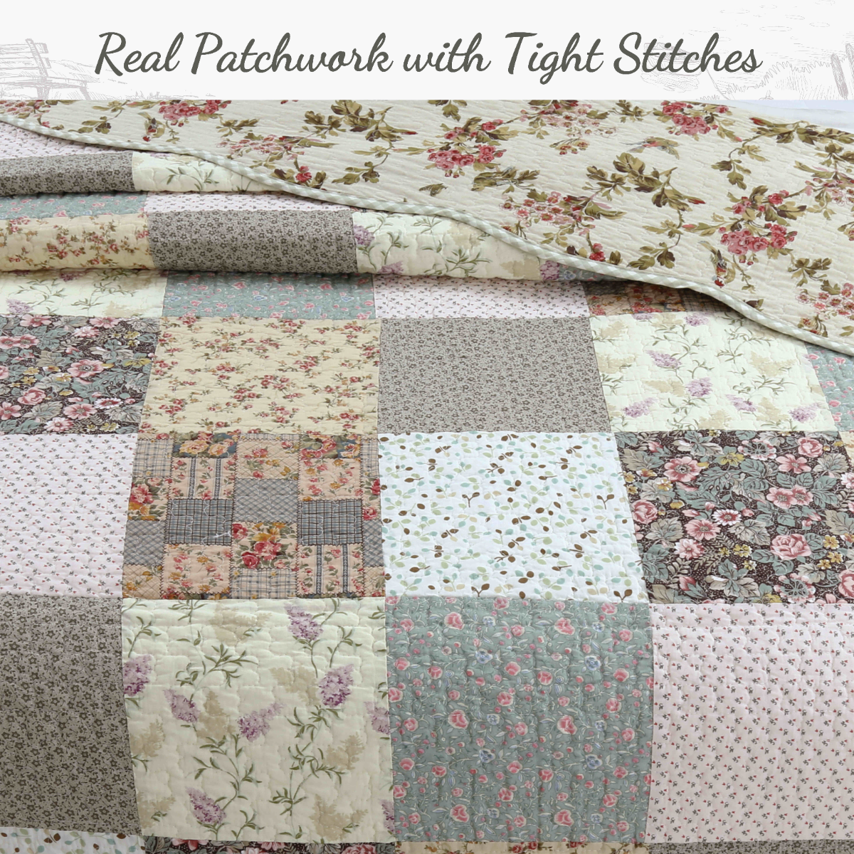 Country Floral Chic Scalloped Real Patchwork Cotton 3-Piece Quilt Bedding Set