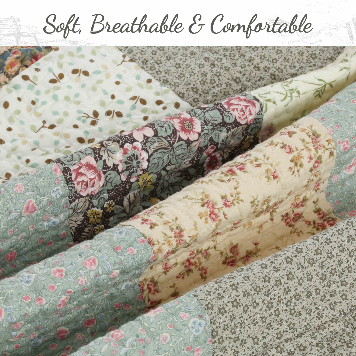 Country Floral Chic Scalloped Real Patchwork Cotton 3-Piece Quilt Bedding Set