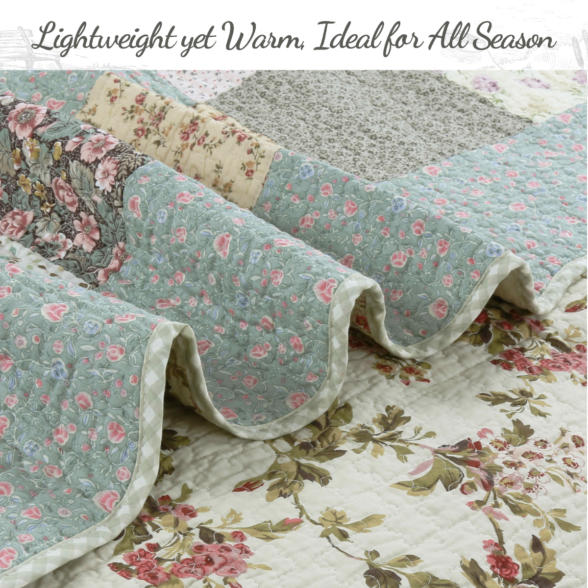 Country Floral Chic Scalloped Real Patchwork Cotton 3-Piece Quilt Bedding Set