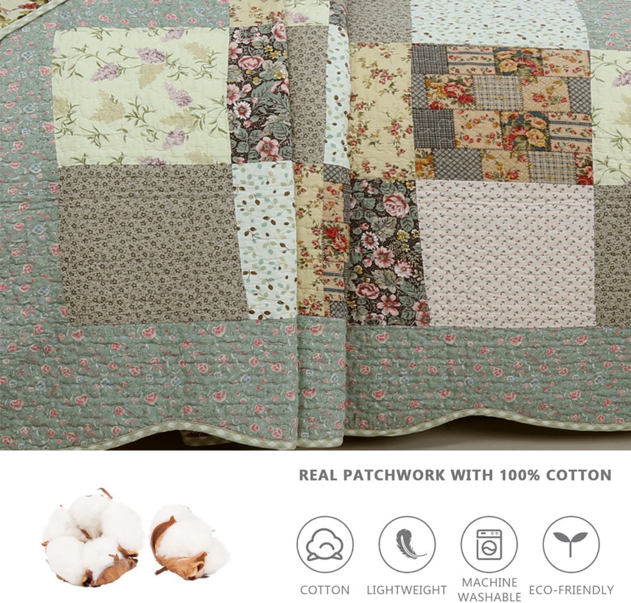 Country Floral Chic Scalloped Real Patchwork Cotton 3-Piece Quilt Bedding Set