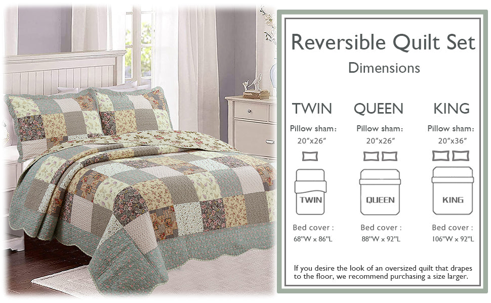 Country Floral Chic Scalloped Real Patchwork Cotton 3-Piece Quilt Bedding Set