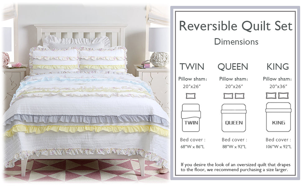 Ruffle Floral Blue Yellow Grey Stripe Real Patchwork Cotton Reversible Quilt Bedding Set