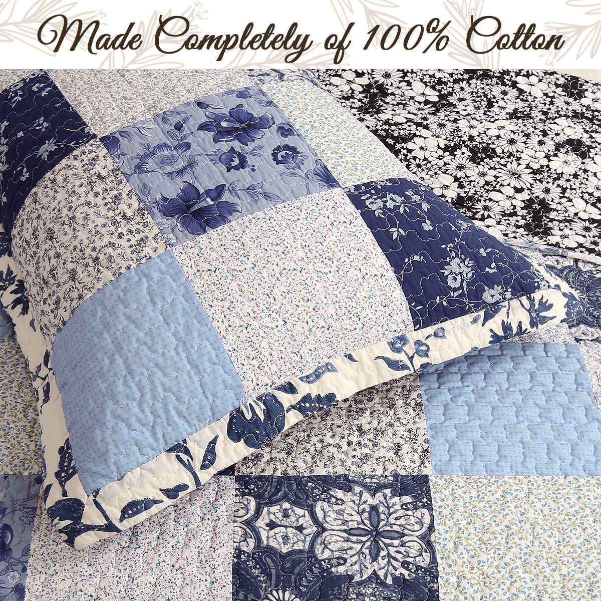 Azure Blue Floral Garden Patchwork 3 Piece Cotton Reversible Quilt Bedding Set