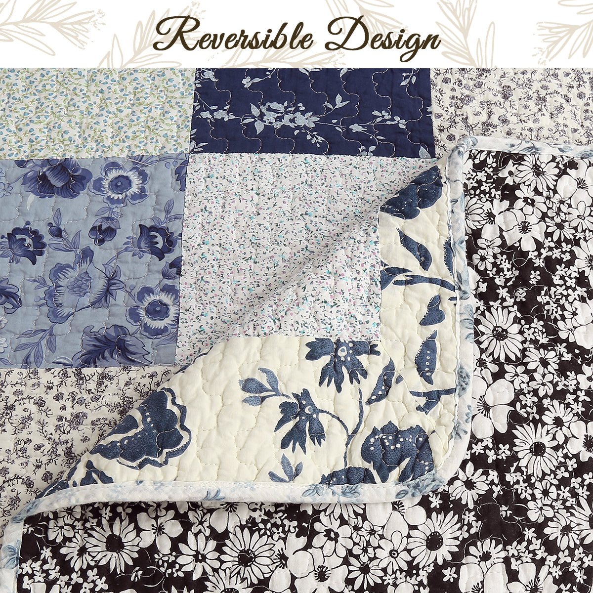 Azure Blue Floral Garden Patchwork 3 Piece Cotton Reversible Quilt Bedding Set