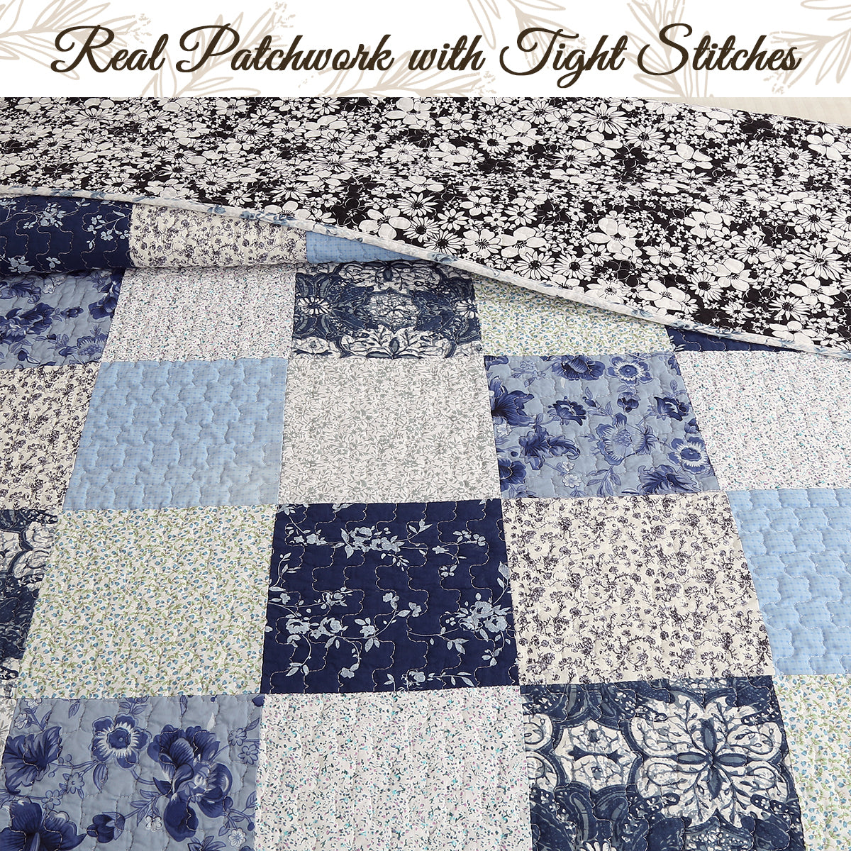 Azure Blue Floral Garden Patchwork 3 Piece Cotton Reversible Quilt Bedding Set