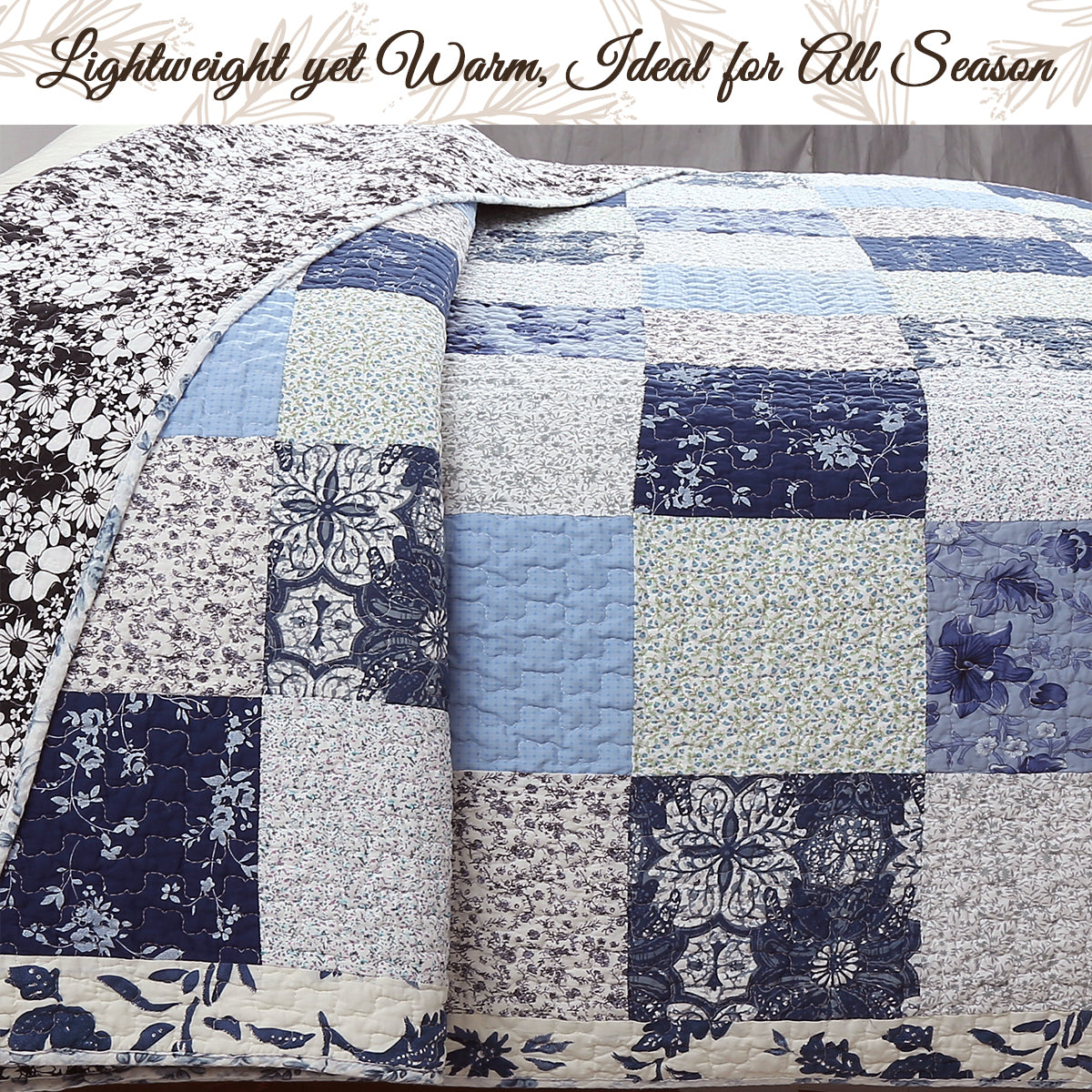 Azure Blue Floral Garden Patchwork 3 Piece Cotton Reversible Quilt Bedding Set