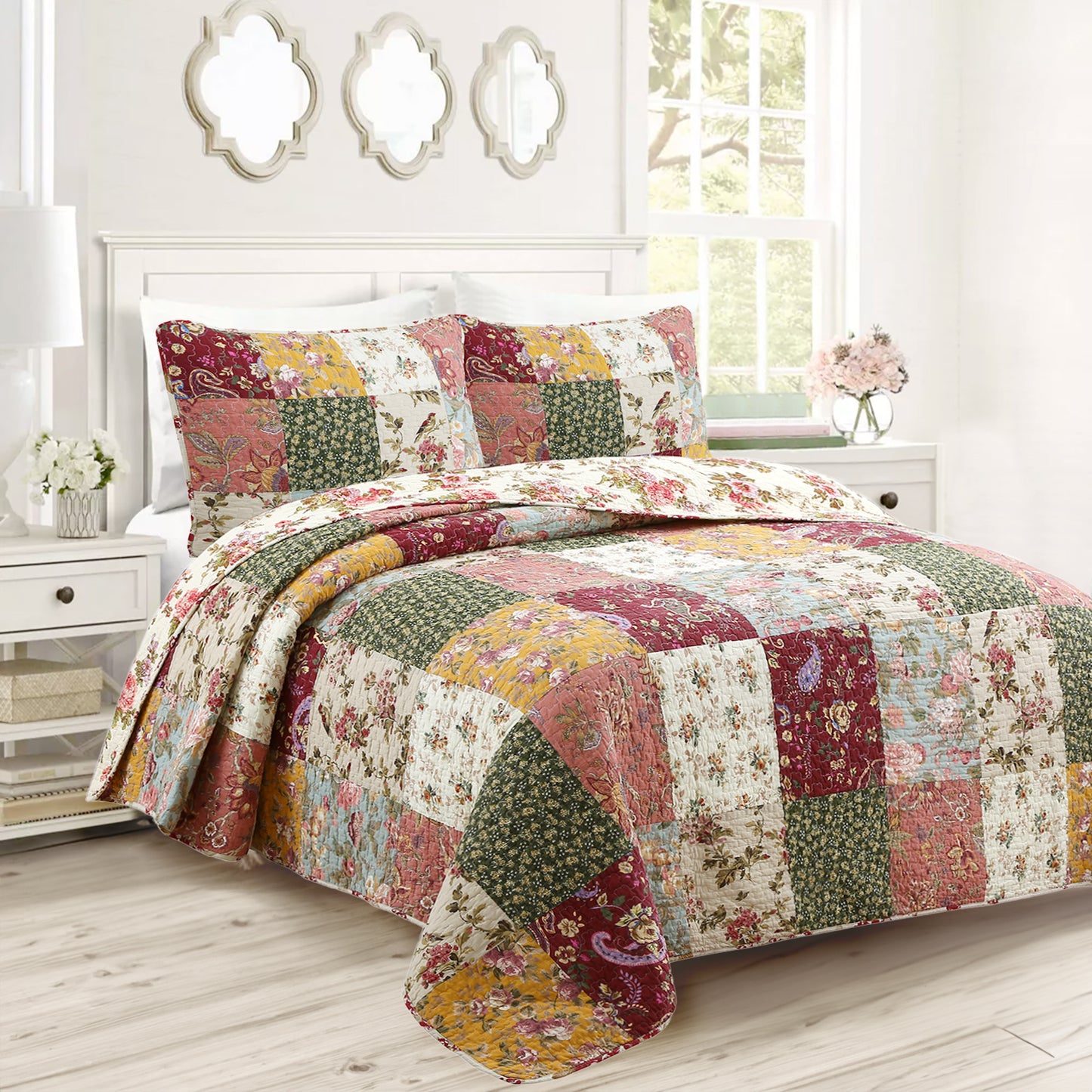 Country Vintage Farmhouse Multicolor Floral Paisley Patchwork Cotton Quilt Bedding Set